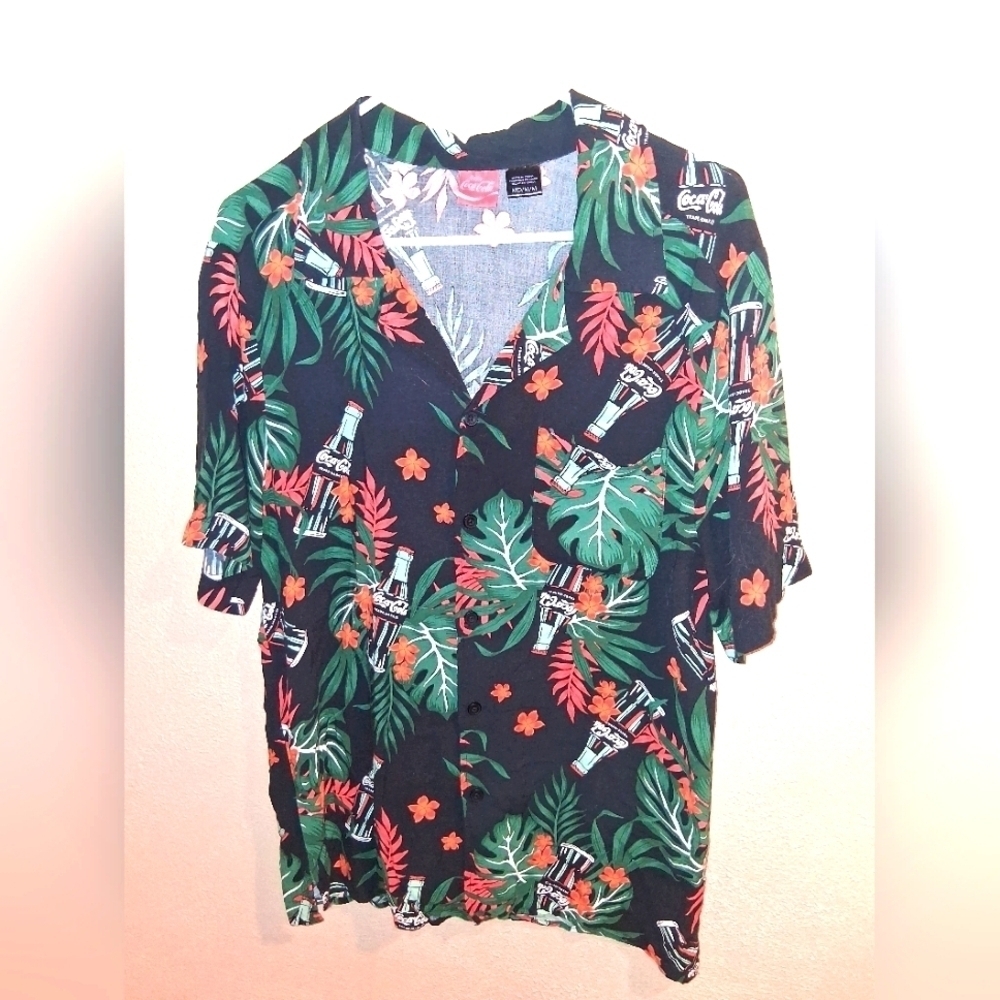 Coca-Cola Tropical Hawaiian Shirt Bottle Print Short Sleeve Button Down M